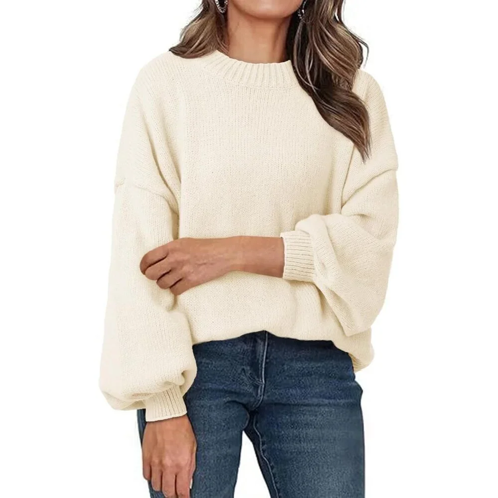 Women’s Oversized Chunky Knit Sweater Lantern Sleeve Mock Neck Casual Top